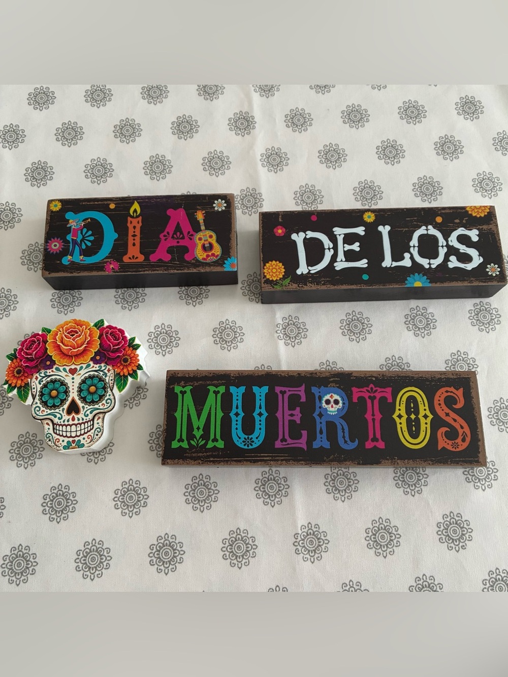 Colorful 'Dia De Los Muertos' Wooden Decorative Accents